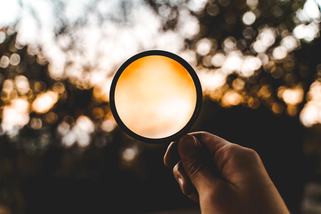 magnifying glass, loupe, discover, look, nature, outdoors, forest, mountain